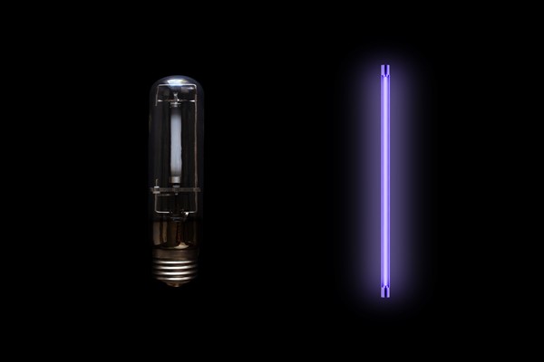 Mercury vapor lamps (left) are popular and effective for curing silicone precursors on label liners – but UV LEDs (right) are safer, more energy-efficient, and longer-lasting.